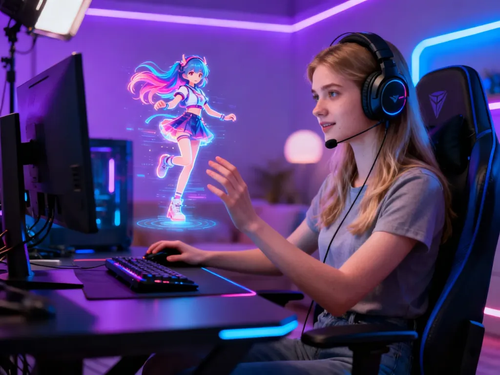 Młoda kobieta przy biurku sterująca za pomocą technologii cyfrowym awatarem w stylu anime w neonowym studiu.