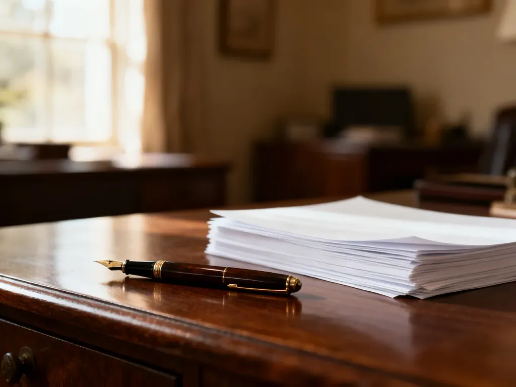 Eleganckie biurko z piórem wiecznym i stosem papieru, tworzące profesjonalną atmosferę do pracy z tekstem.