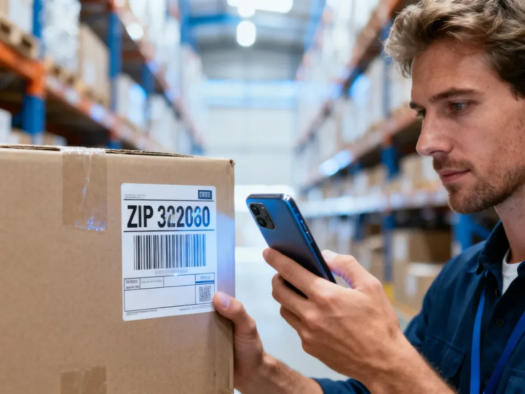 Mężczyzna skanuje smartfonem kod pocztowy na paczce w magazynie logistycznym.