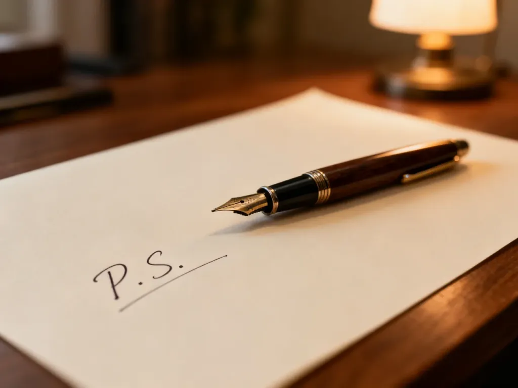 Eleganckie wieczne pióro leżące na papierze z odręcznie napisanym skrótem „P.S.”, podkreślające temat poprawności zapisu.