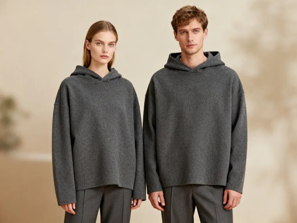 Kobieta i mężczyzna w identycznych szarych bluzach i spodniach, prezentujący nowoczesną modę typu unisex.