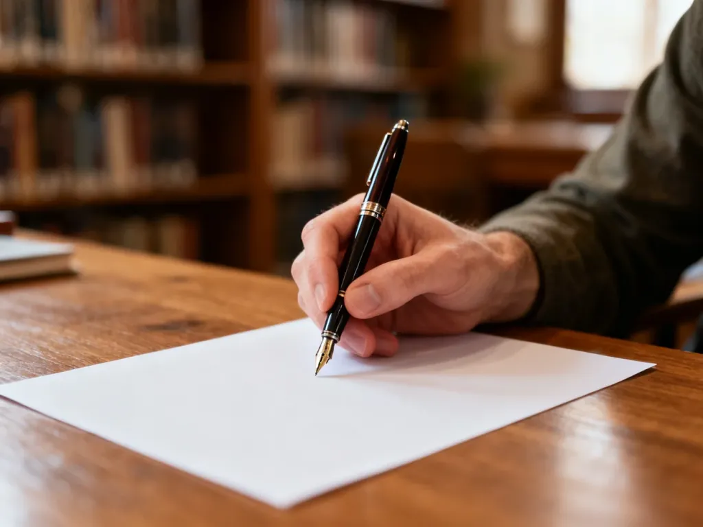 Osoba trzymająca pióro wieczne nad czystą kartką papieru w przytulnej bibliotece, gotowa do pisania.