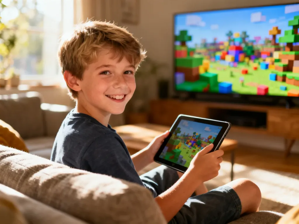 Chłopiec z uśmiechem gra na tablecie, podczas gdy na telewizorze w tle widać kolorowy świat gry Roblox.