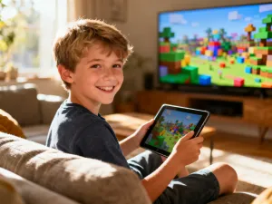 Uśmiechnięta opiekunka au pair bawi się z dwójką szczęśliwych dzieci w przytulnym, słonecznym salonie.