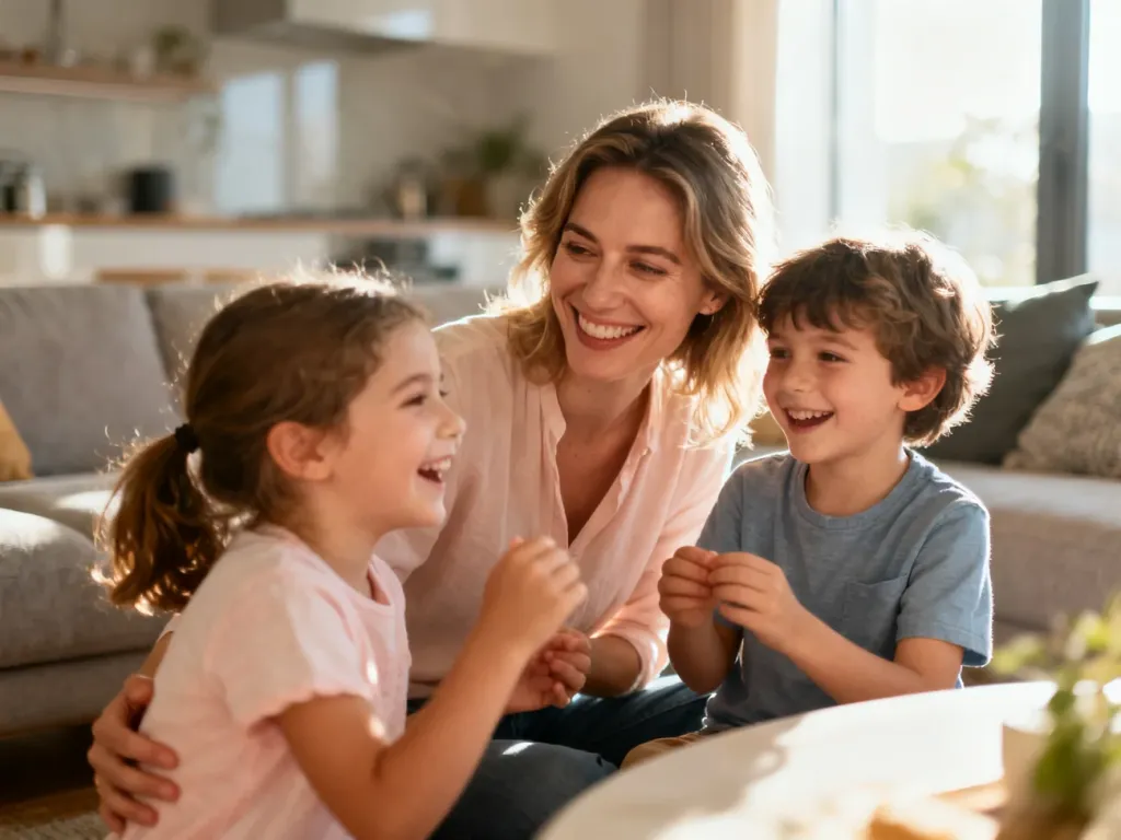 Uśmiechnięta opiekunka au pair bawi się z dwójką szczęśliwych dzieci w przytulnym, słonecznym salonie.