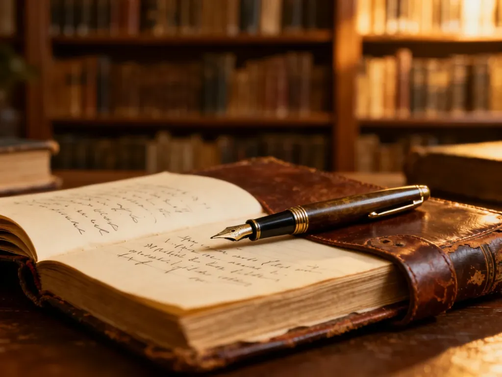 Wieczne pióro leżące na otwartym, skórzanym notatniku z odręcznymi zapiskami na tle bibliotecznych półek.