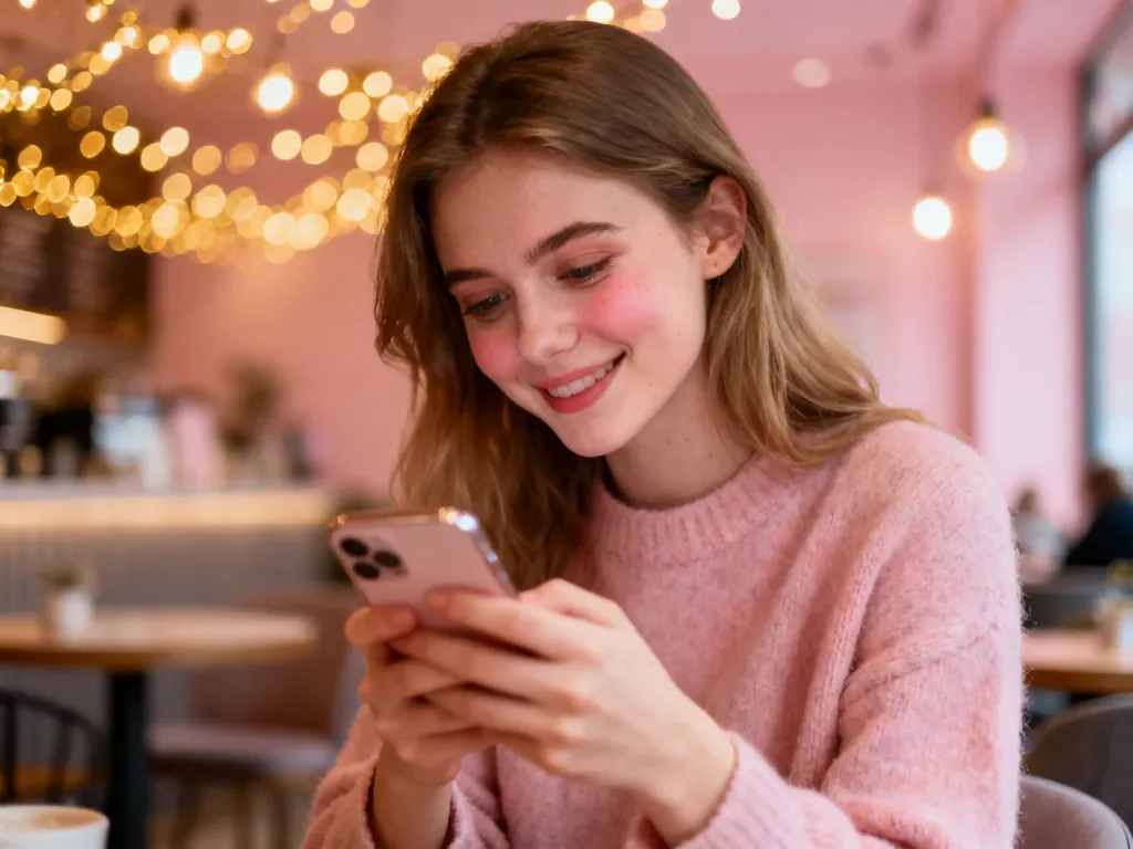 Młoda kobieta z nieśmiałym uśmiechem patrzy na telefon w przytulnej kawiarni, co ilustruje uczucie zauroczenia.