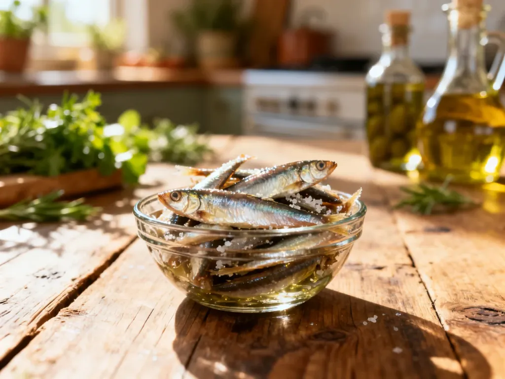 Szklana miseczka z solonymi filetami anchois na drewnianym stole w kuchni w stylu śródziemnomorskim.