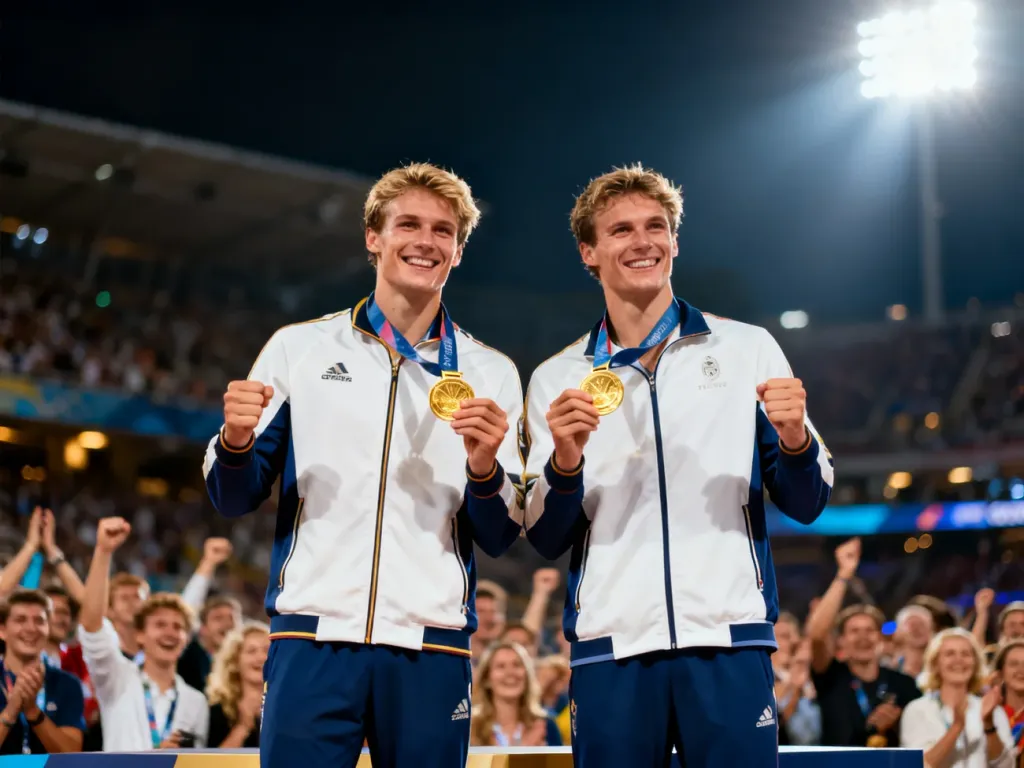 Dwóch sportowców na podium z identycznymi złotymi medalami, symbolizujących remis ex aequo.