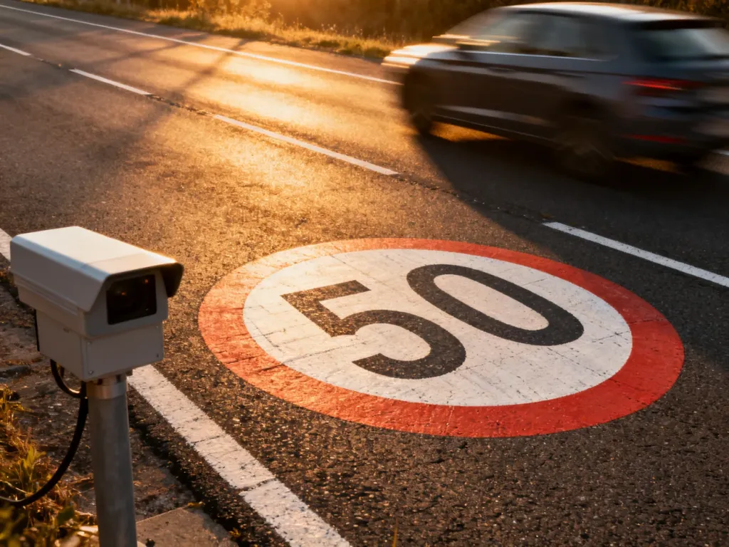 Znak ograniczenia prędkości do 50 km/h przy drodze z fotoradarem i przejeżdżającym szybko samochodem.