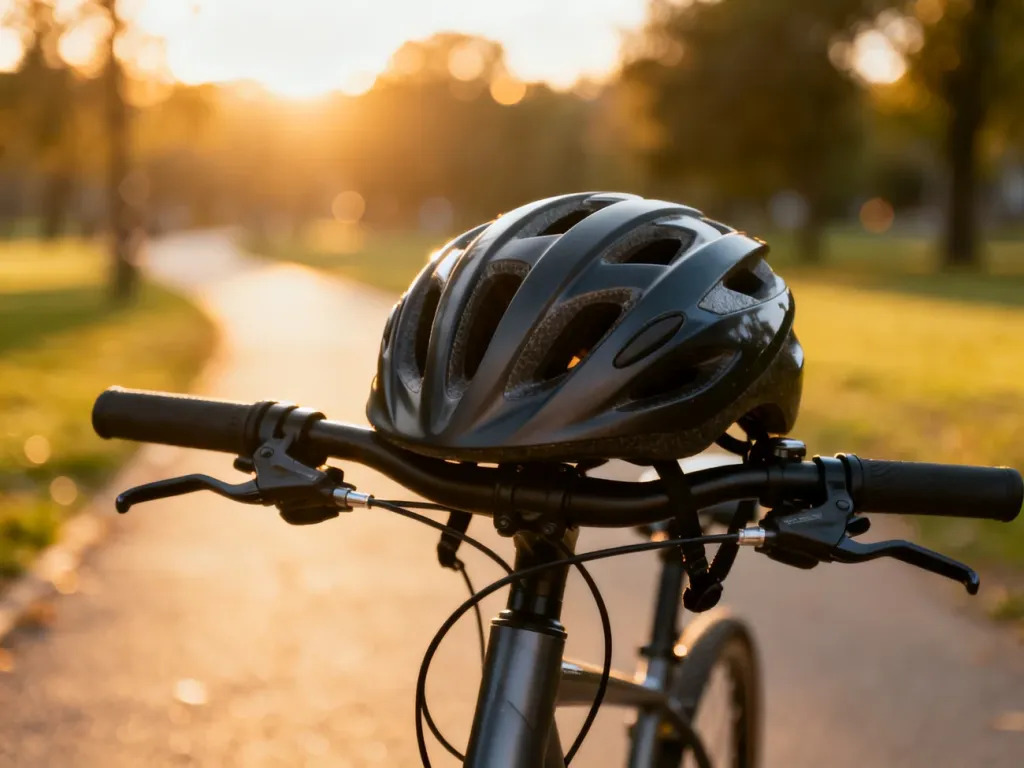 Nowoczesny kask rowerowy spoczywający na kierownicy miejskiego roweru w słonecznym parku.