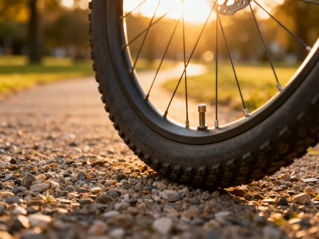 Zbliżenie na oponę rowerową na żwirowej ścieżce w świetle zachodzącego słońca, podkreślające fakturę bieżnika i wentyl.