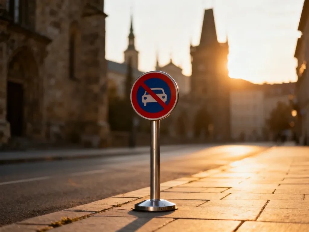 Znak drogowy informujący o strefie ograniczonego ruchu na tle zabytkowej architektury Krakowa.