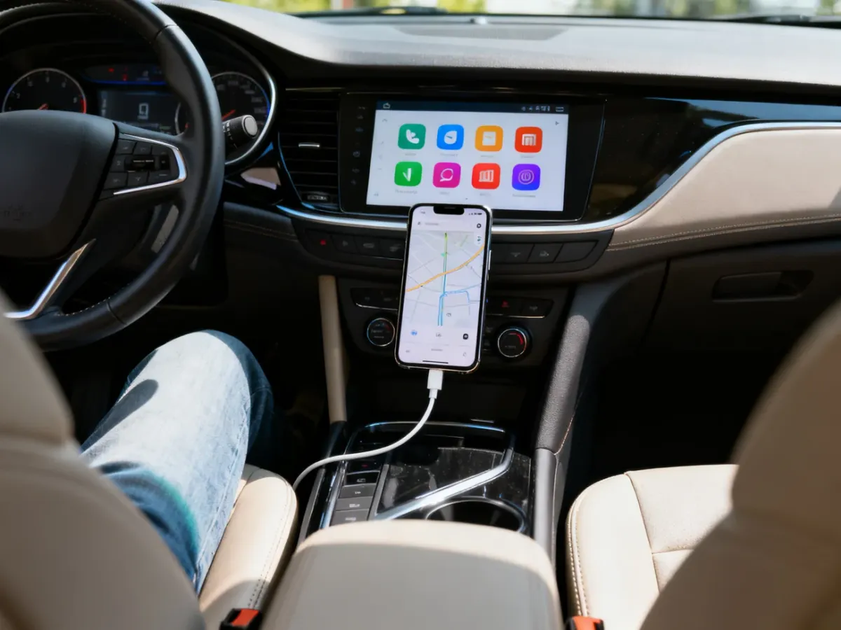 Ekran samochodu wyświetlający uproszczony interfejs Android Auto podczas jazdy