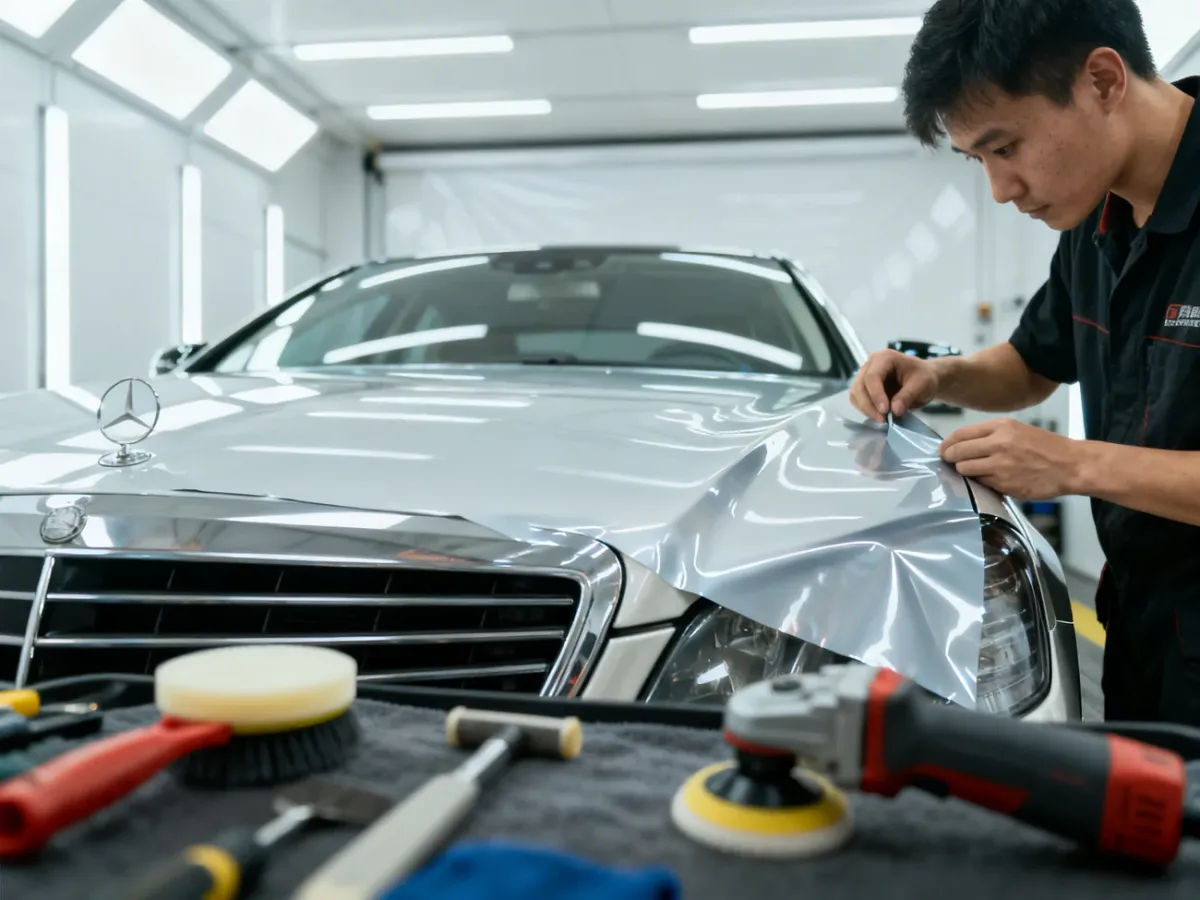 Detailer preparing a car panel before applying protective film