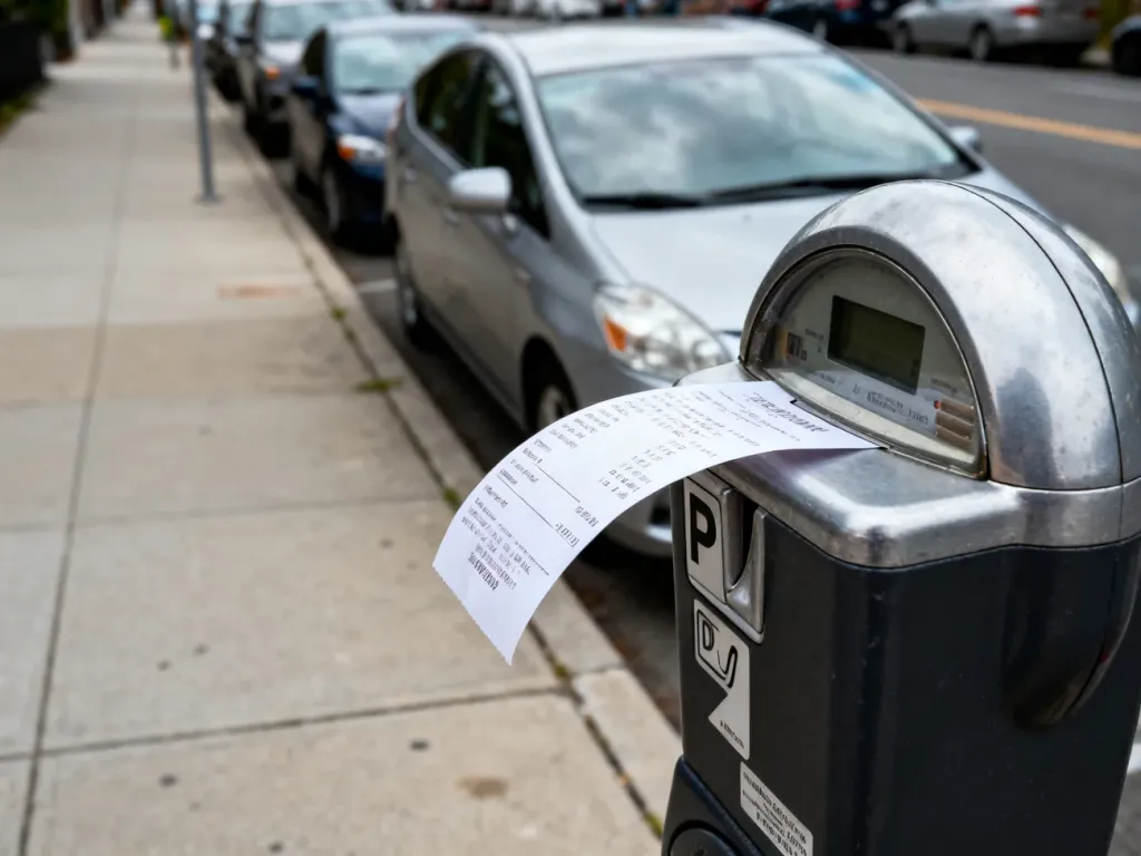 Parkometr na chodniku z pozostawionym biletem parkingowym w tle zaparkowanych samochodów.
