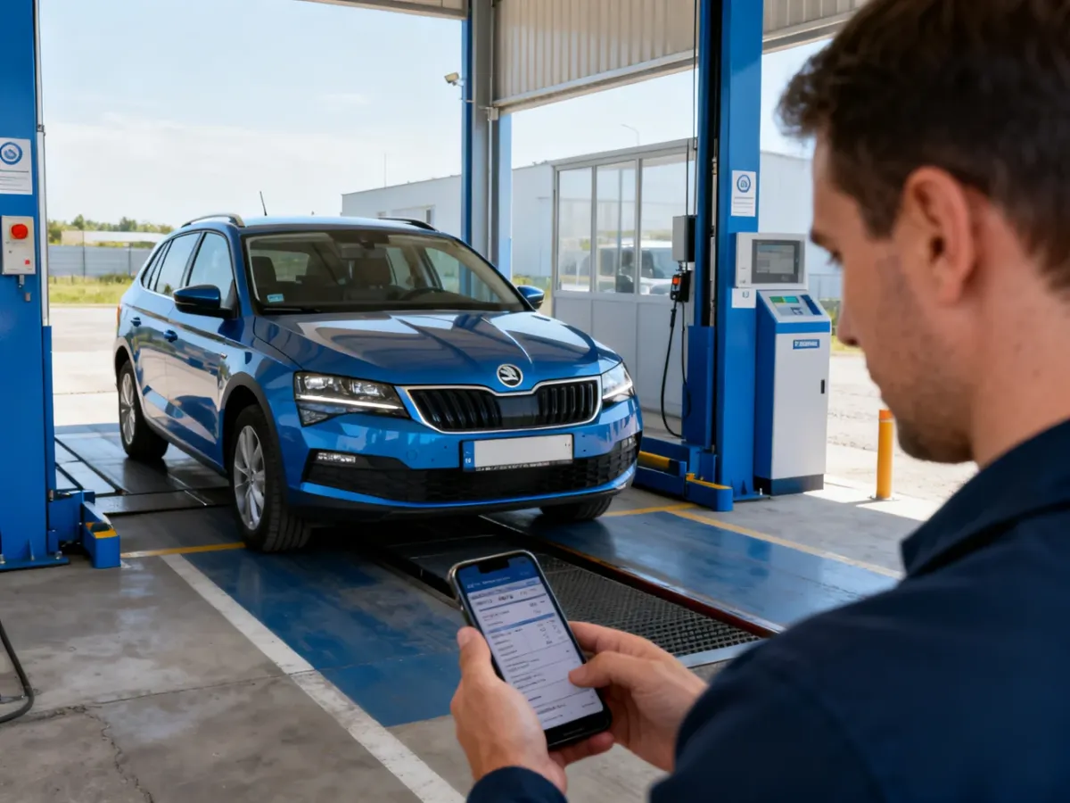 Samochód przy stacji kontroli pojazdów i kierowca sprawdzający termin badania na smartfonie