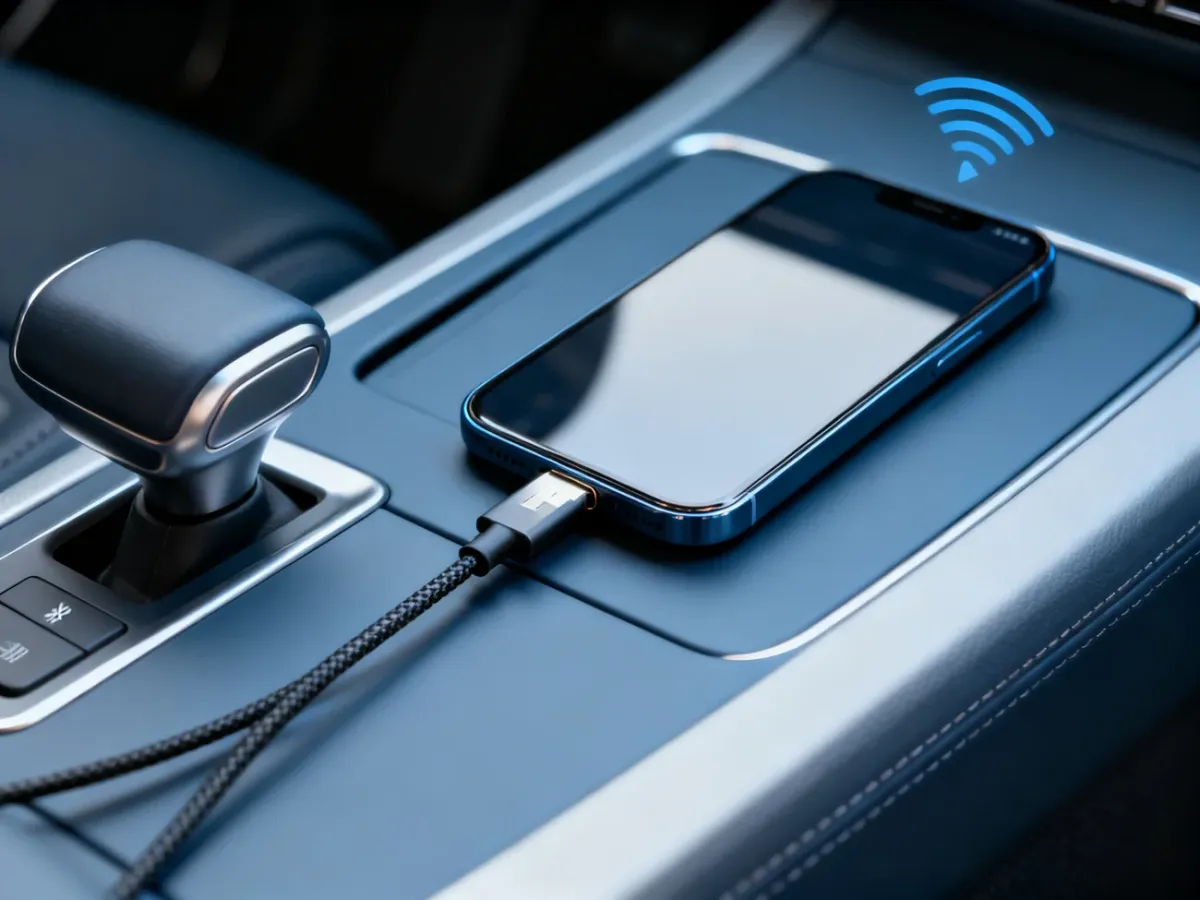 Telefon z Androidem podłączony do systemu multimedialnego samochodu