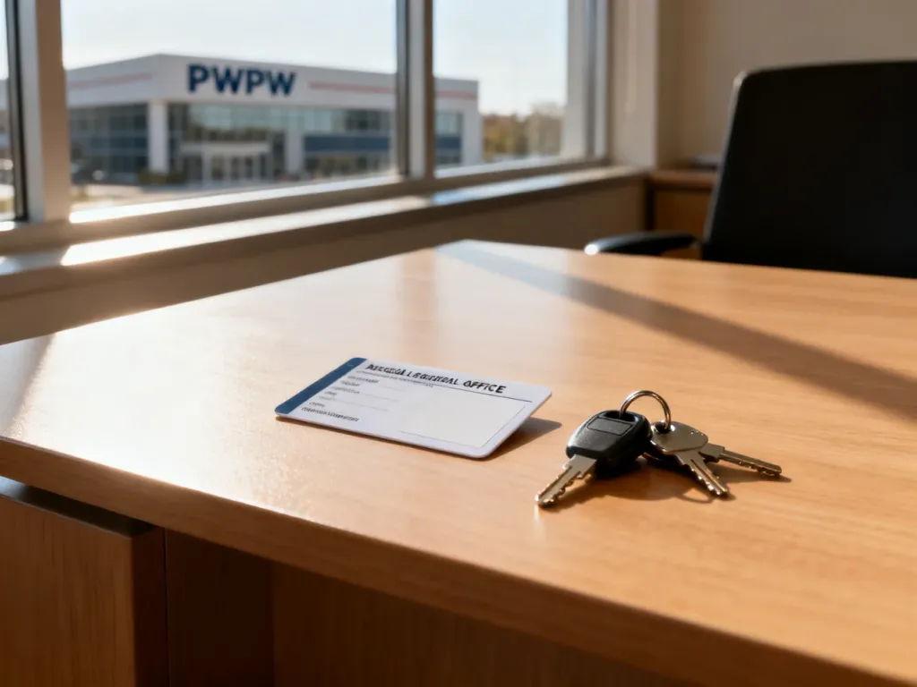 Pusta karta prawa jazdy leżąca na biurku obok kluczyków samochodowych, z widokiem na budynek PWPW w tle.