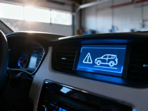 Parkometr na chodniku z pozostawionym biletem parkingowym w tle zaparkowanych samochodów.