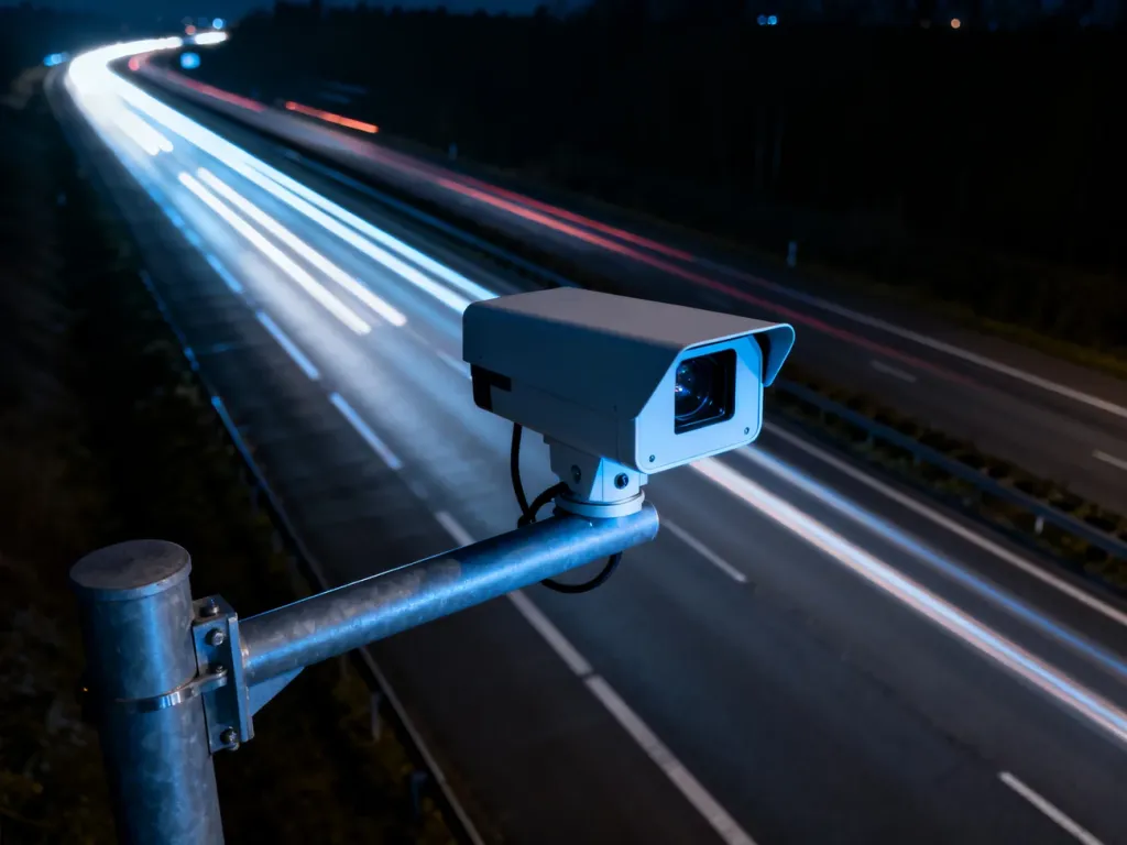 Nowoczesny fotoradar przy autostradzie nocą z rozmytymi światłami przejeżdżających pojazdów w tle.