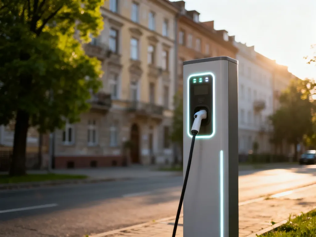 Nowoczesna stacja ładowania pojazdów elektrycznych na tle zabytkowej architektury miejskiej w Polsce.