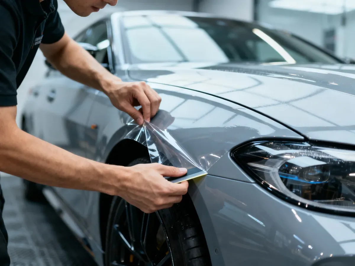 A detailer applying clear PPF to the front of a car in a clean studio