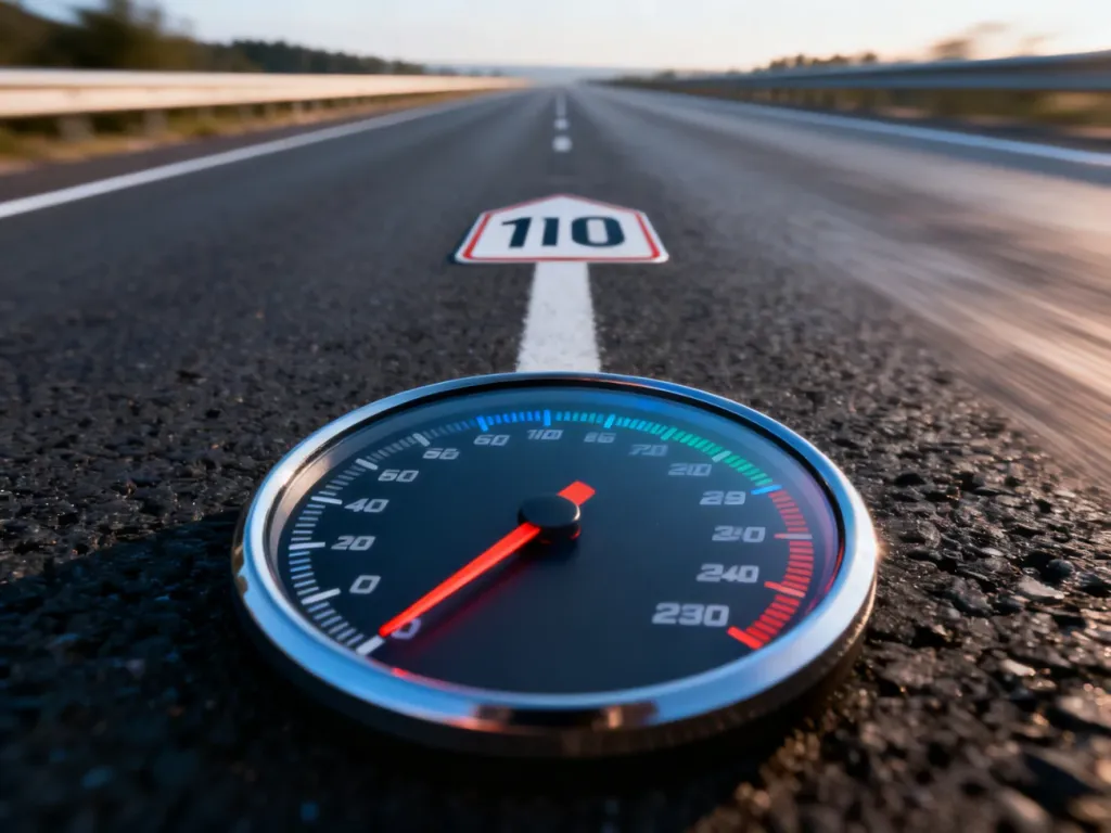 Wskazówka prędkościomierza na tle rozmytej autostrady, symbolizująca kontrolę prędkości i zasady ruchu drogowego.