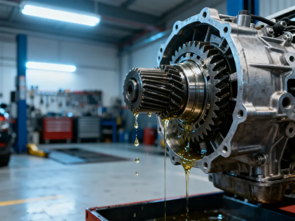 Zbliżenie na czysty mechanizm skrzyni biegów z kroplami oleju w profesjonalnym warsztacie samochodowym.