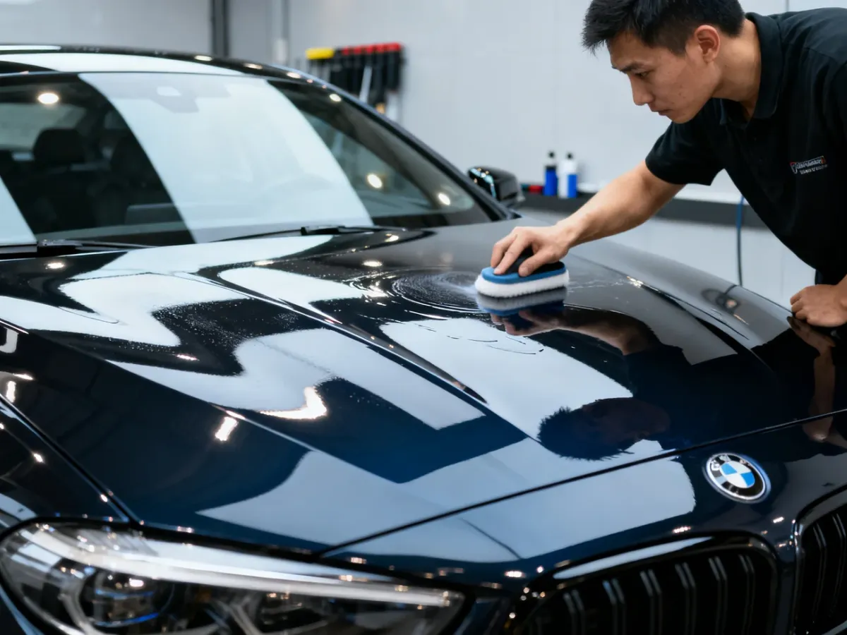 Detailer nakładający powłokę ceramiczną na maskę samochodu