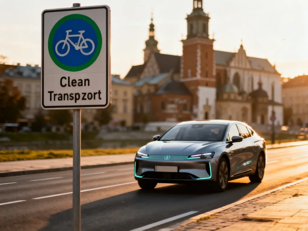 Elektryczny samochód jadący ulicą Krakowa w pobliżu znaku Strefy Czystego Transportu na tle zabytkowej architektury.