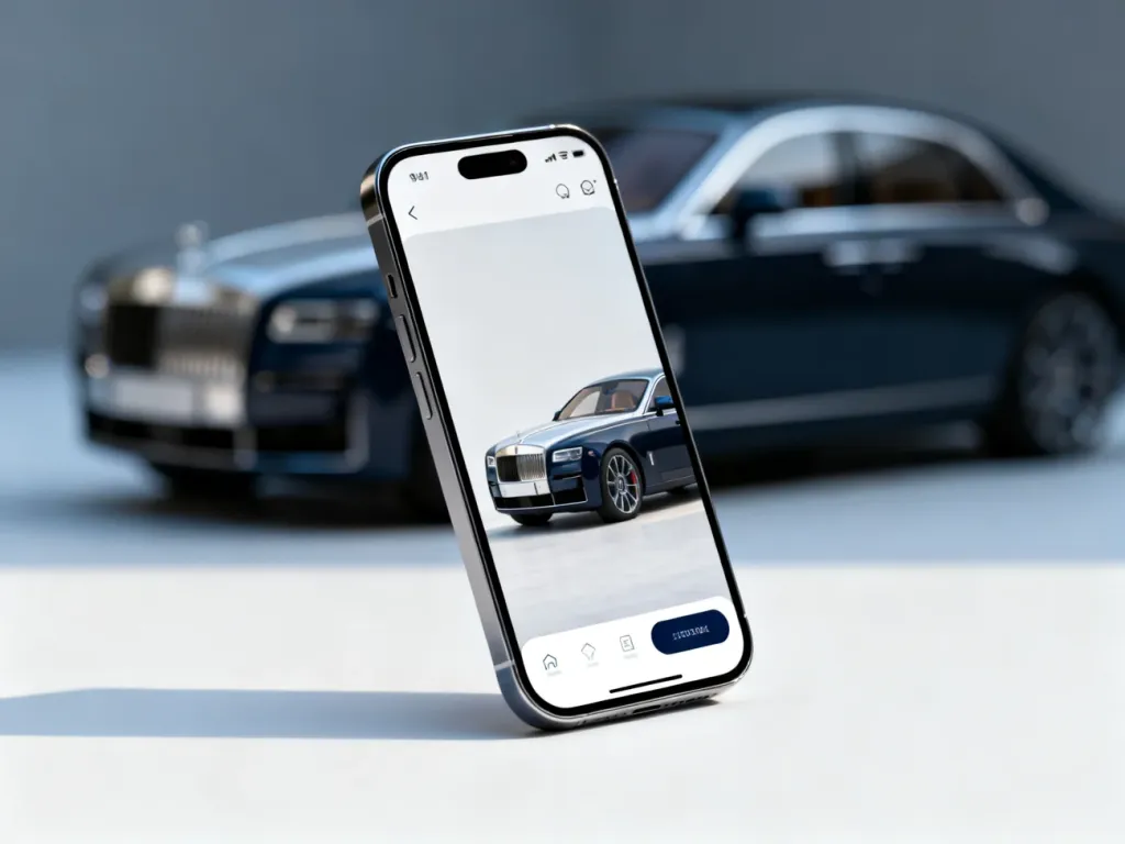 Smartfon z otwartą aplikacją do sprzedaży aut na tle rozmytej sylwetki luksusowego samochodu.